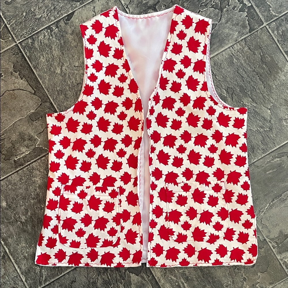 HANDMADE Canadian Red Maple Leaf Print Vest - Patch Pockets Scalloped Stitching